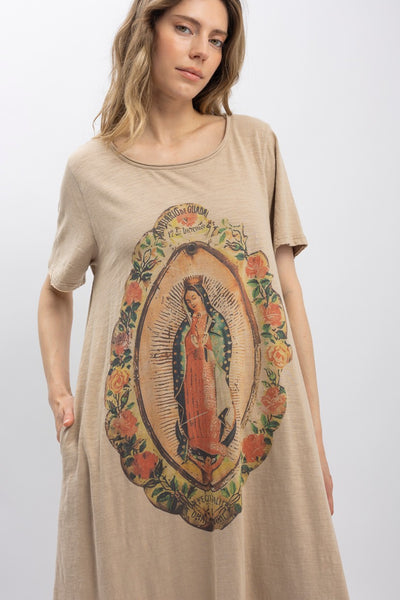Virgin Mary Print Washed Long Dress Taupe