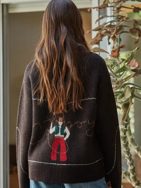 Knit Sweater Print Zip-Up Collar Neck Long Sleeve