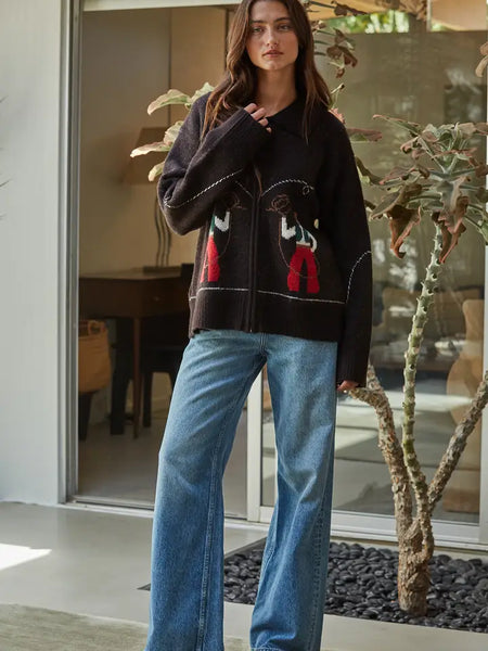 Knit Sweater Print Zip-Up Collar Neck Long Sleeve