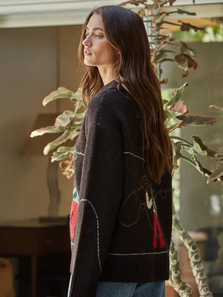 Knit Sweater Print Zip-Up Collar Neck Long Sleeve