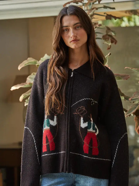 Knit Sweater Print Zip-Up Collar Neck Long Sleeve