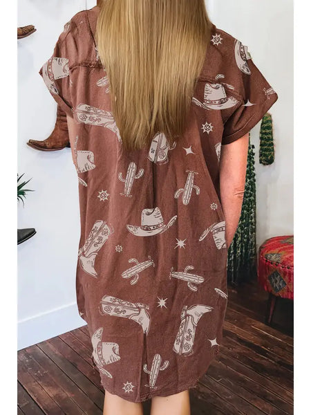 Western Raw Edge Detail Button Down Short Denim Dress