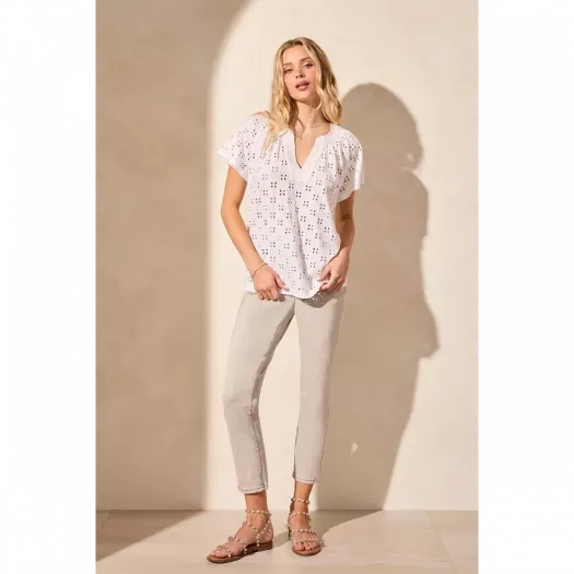 Tribal Embroidered Eyelet Short-Sleeve Notch Neck Top 2 Color Options