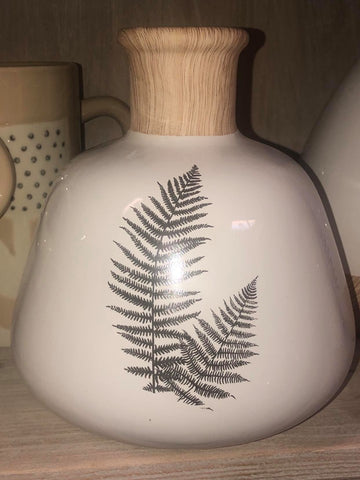 Ceramic Vase with Fern and Painted Wood - 9 Inch
