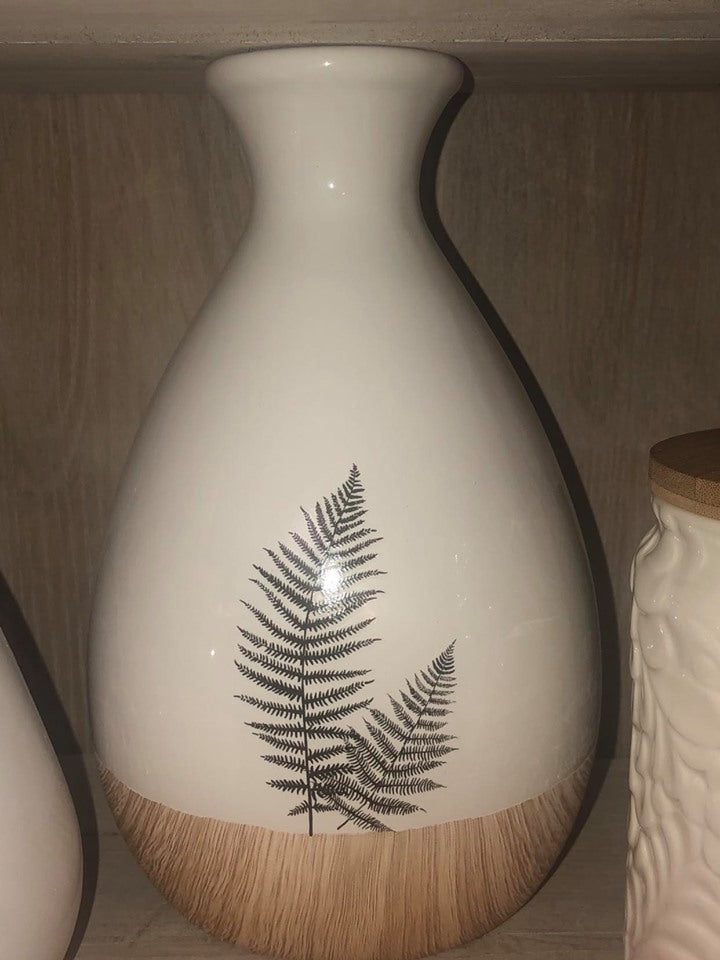 Ceramic Vase with Fern and Painted Wood - 8 inch