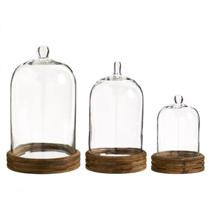 Glass Cloche W/ Knob Top On Round Wood Mirrored Base - Medium
