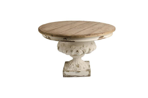 DISTRESSED WHITE RESIN URN W/ROUND NATURAL WOOD TABLETOP