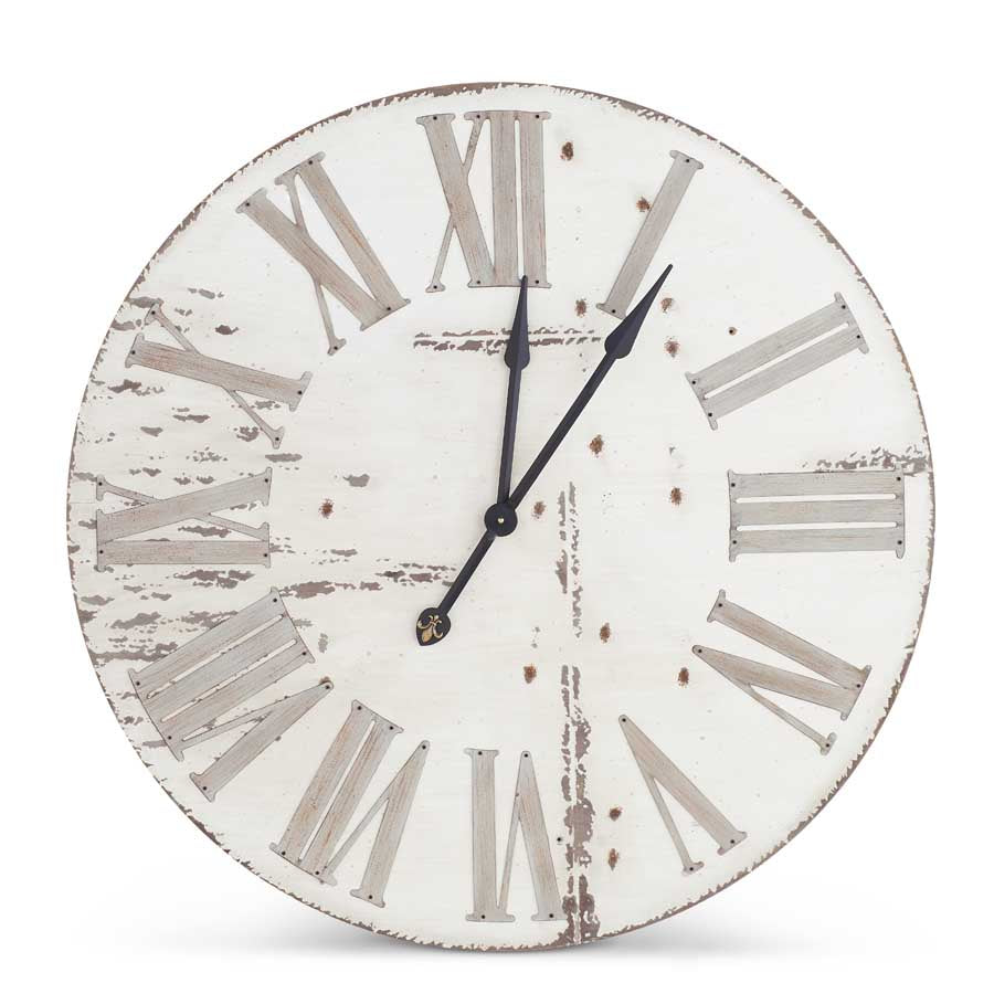 Round Roman Numeral Antique White Wood Wall Clock - Pick Up only