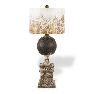 Distressed Metal Square Base Lamp W/ Ball and White Rustic Shade
