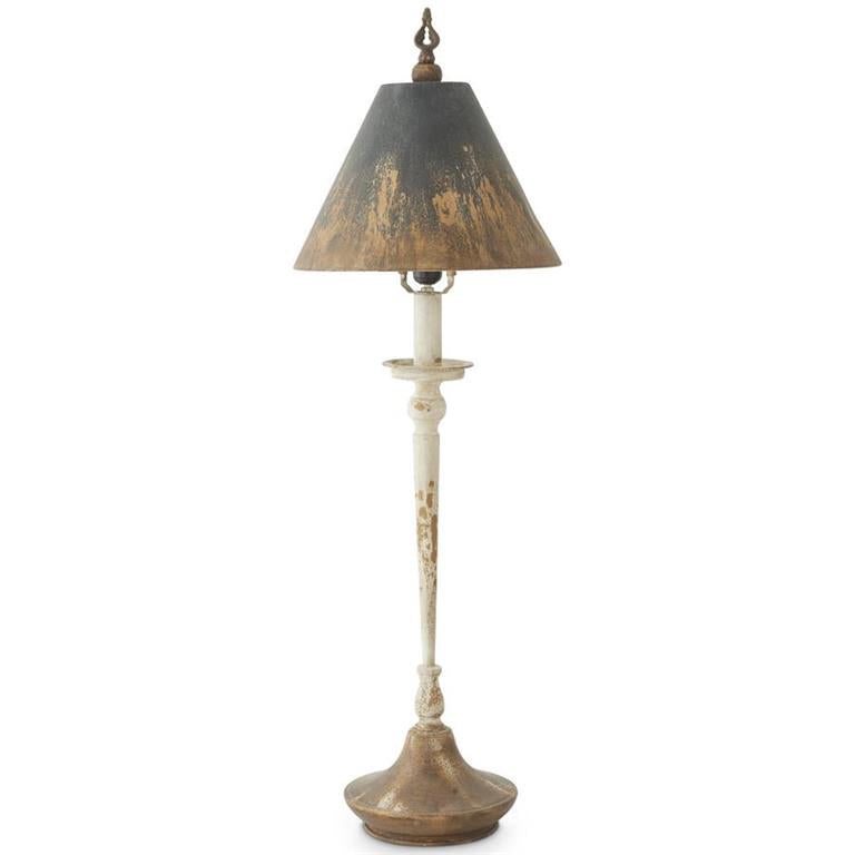 WHITE AND BLACK METAL TABLE LAMP W/DISTRESSED FINISH