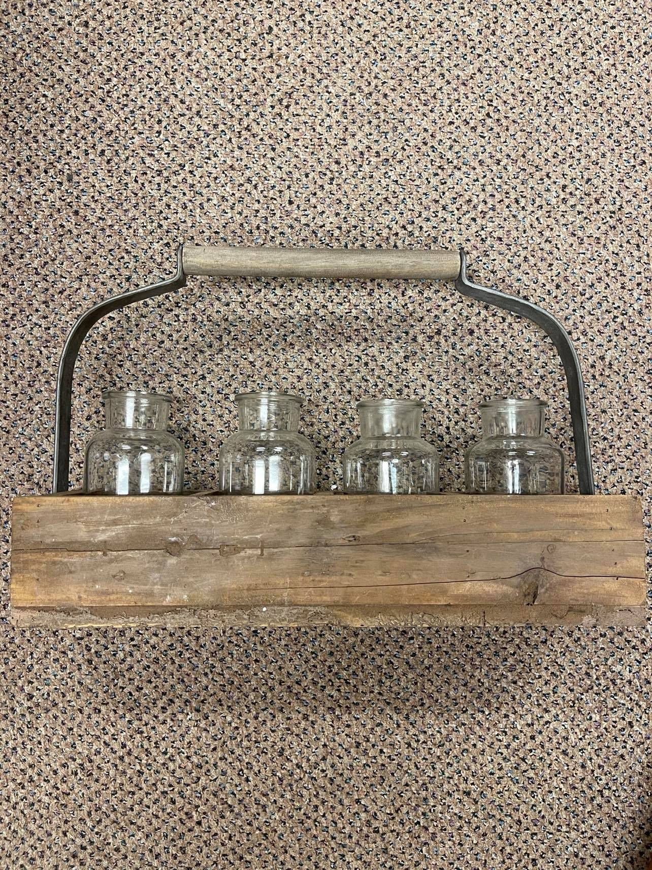 Wooden tote with glass jars