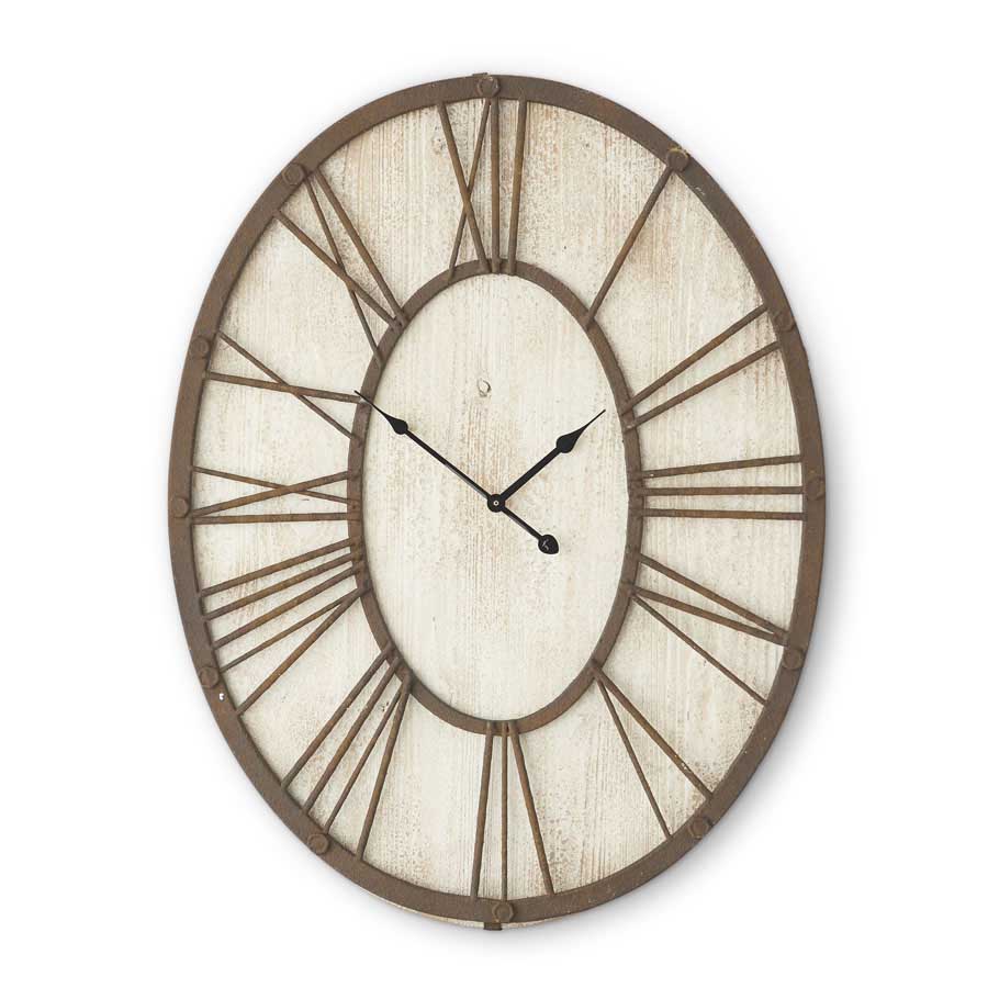 30" Whitewashed Wood Oval Clock w/Rusty Metal Roman Numerals! Pick Up Only!