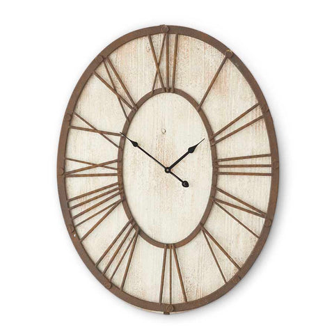 30" Whitewashed Wood Oval Clock w/Rusty Metal Roman Numerals! Pick Up Only!