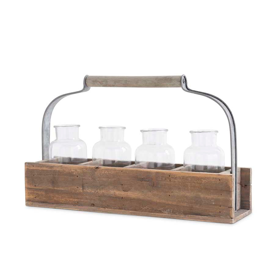 Rectangle Wood Planter Box With 4 Glass Bottles