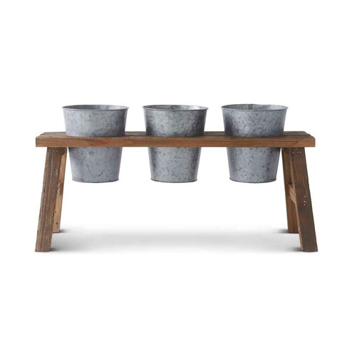 Wood Bench with 3 tin buckets