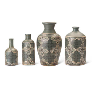Green Terracotta Vase with Floral Design - Medium