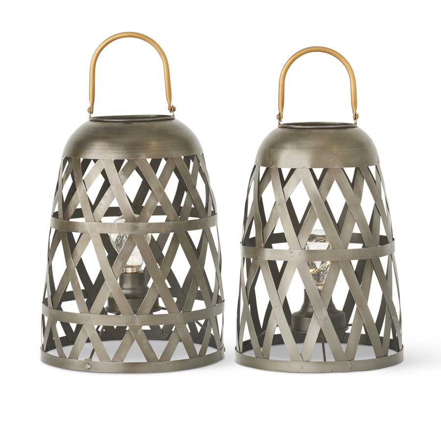 Dark Metal Diamond Fenced LED Lanterns with Gold Handle - 18 inch