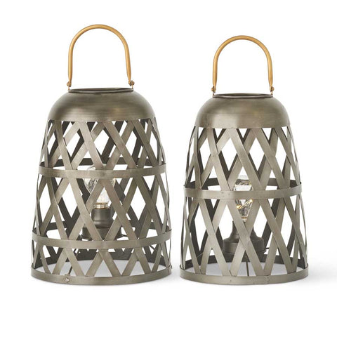 Dark Metal Diamond Fenced LED Lanterns with Gold Handle - 17 inch