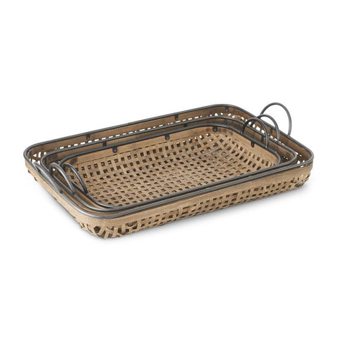Rectangular Bamboo Basket Weave Trays W/ Metal Trim & Handle- Small