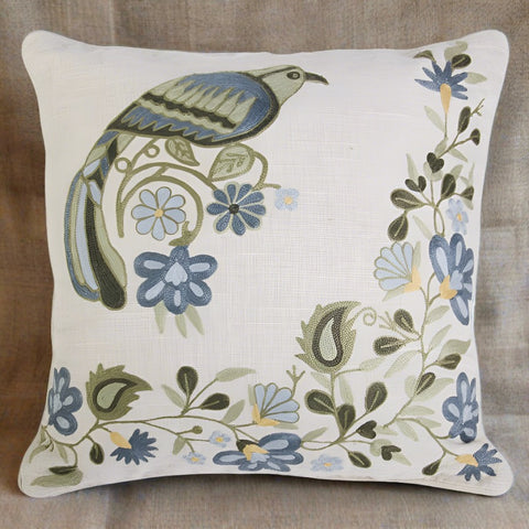 Square Tan Iinen Pillow W/ Blue & Green Bird & Floral Border