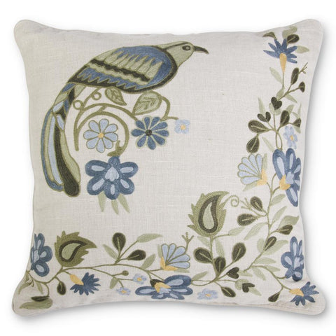 Square Tan Inen Pillow W/ Blue & Green Bird & Floral Border