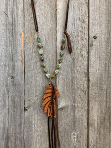 J. Forks 28" Kingman Nugget Turquoise with Hand Tooled Leather Headdress Necklace