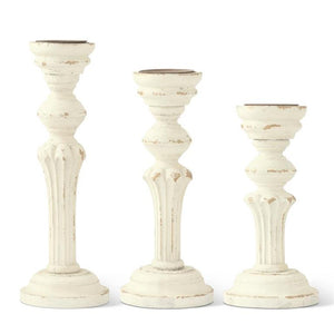 Distressed Cream Wood Column Candleholder- Large