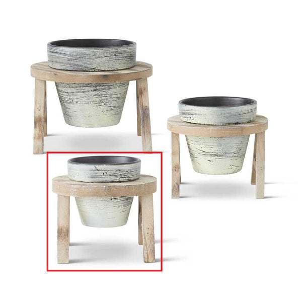 6.5" Whitewashed Black Flower Pot on Wooden Stand