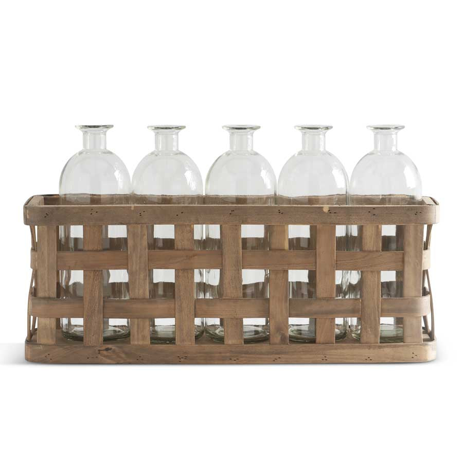 Woven Wood basket with 5 glass bottles