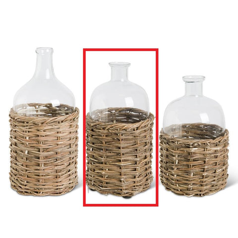 Clear Glass Bottle In Woven Rattan Basket- Medium