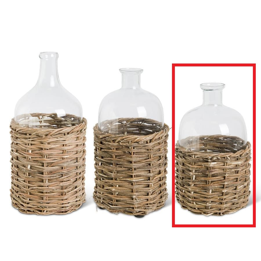 Clear Glass Bottle In Woven Rattan Basket- Small