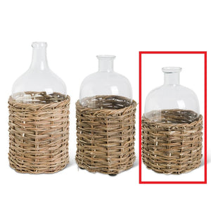 Clear Glass Bottle In Woven Rattan Basket- Small