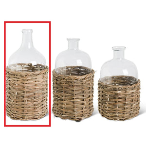 Clear Glass Bottle In Woven Rattan Basket- Large