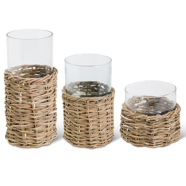 Clear Glass Cylinders in Woven Rattan Basket - Medium