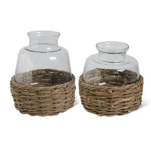 Clear Glass Vases in Woven Rattan Basket 2 Size Options