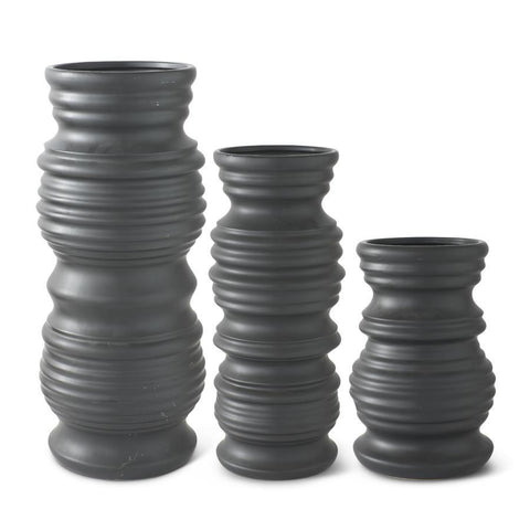 Matte Black Stoneware Ribbed Vases - Large