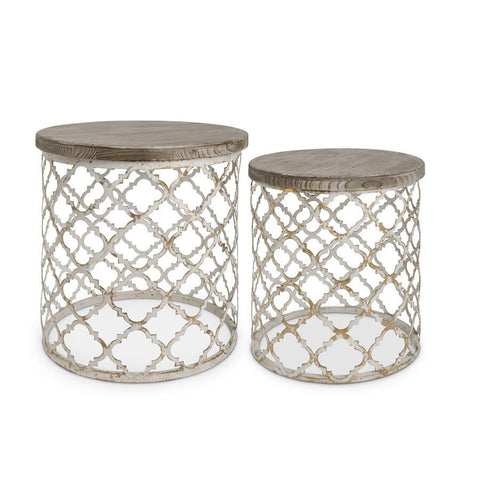 White and Gold Metal Moroccan Quatrefoil Side Tables w/Fir - Small