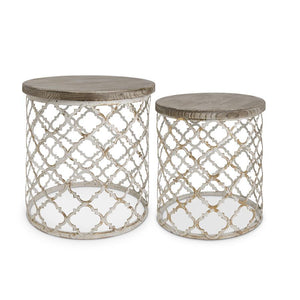 White and Gold Metal Moroccan Quatrefoil Side Tables w/Fir - Large