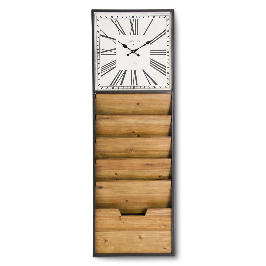 Dark Metal & Wood Wall Clock W/ File Organizer- PICKUP ONLY