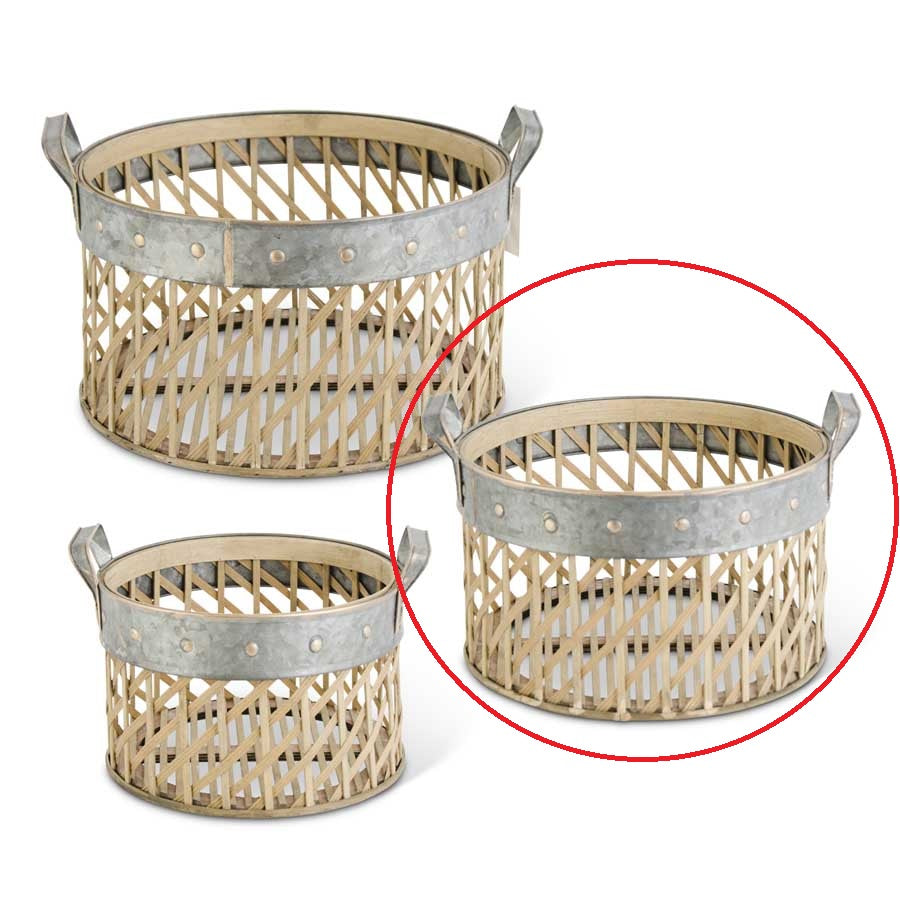 Medium Round Woven Bamboo Basket w/Metal Trim and Handles