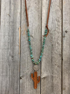 J.Forks 28" Kingman Chip Turquoise with Buffalo Nickel Leather Saguaro Necklace