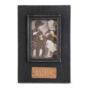 Black Wooden Photo Frame w/FAMILY  Embossed Leather Tag