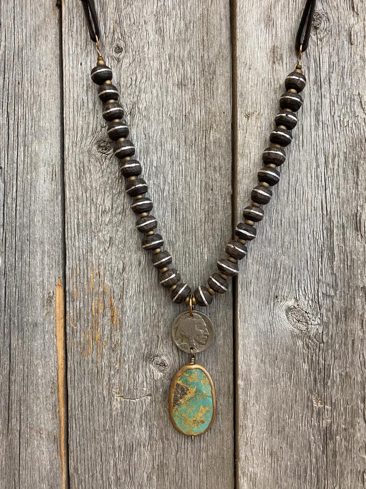 J.Forks Wood/ Slv Buffalo Nickel and Turquoise Slab Drop Necklace