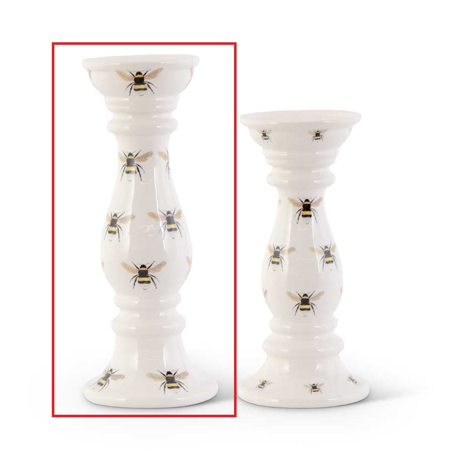 12" White Ceramic Candleholder w/Bee Decals