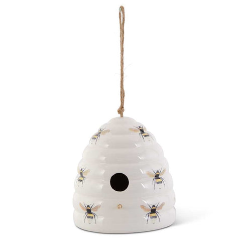 7.5" White Ceramic Beehive Birdhouse w/Bee Decals