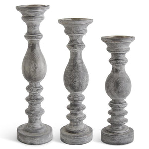 Grey Ribbed Wood Candleholder - 18.25 Inches