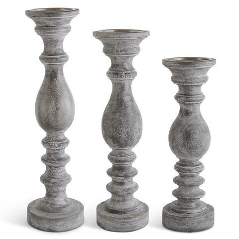 Grey Ribbed Wood Candleholder - 21.25 Inches
