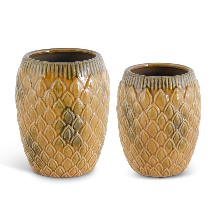 Crackled Butterscotch Ceramic Vase w/Embossed Petals- Large