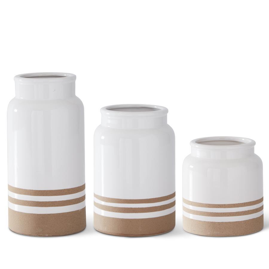 White W/ Tan Stripes Ceramic Vase- Large