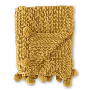 64 Inch Yellow Moss Stitch Knit Throw w/Pompom Trim